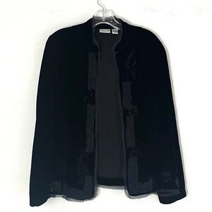 Chico's Size 1 Black Velvet Open Front Beaded Cardigan Party Special Occasion